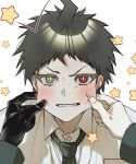  2boys bangs blush breast_pocket brown_eyes brown_hair cheek_pull collared_shirt commentary_request danganronpa_(series) danganronpa_2:_goodbye_despair green_necktie heterochromia hinata_hajime komaeda_nagito male_focus multiple_boys necktie pocket portrait red_eyes shiny shiny_hair shirt short_hair star_(symbol) sweatdrop teeth uwzicoyz4xfvg2m white_shirt 