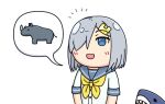  1girl blue_eyes commentary_request grey_hair grey_sailor_collar hair_ornament hair_over_one_eye hairclip hama!_(3toshinhmkz) hamakaze_(kancolle) kantai_collection looking_at_viewer neckerchief no_nose rhinoceros sailor_collar school_uniform serafuku shiritori short_hair simple_background solo speech_bubble stuffed_animal stuffed_shark stuffed_toy upper_body white_background yellow_neckerchief 