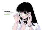  1girl black_choker black_eyes black_hair bracelet character_name choker collarbone copyright_name earrings glasses hair_behind_ear hand_on_eyewear himenokoushi_yuka jewelry kanojo_no_carrera kanojo_no_carrera_gt3 kikuchi_michitaka logo looking_at_viewer official_art portrait shirt single_earring smile solo white_background white_shirt 