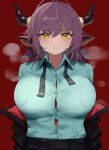  1girl 360_(taiyo360) absurdres animal_ears arknights black_skirt blue_shirt blush collared_shirt cow_ears cow_girl cow_horns highres horns jacket looking_at_viewer official_art open_clothes open_jacket purple_hair red_background shirt short_hair sideroca_(arknights) simple_background skirt solo straight-on sweat undone_necktie yellow_eyes 