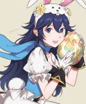  1girl animal_ears bangs blue_eyes blue_hair blue_leotard blue_scarf commentary_request fake_animal_ears fake_tail fire_emblem fire_emblem_awakening fire_emblem_heroes gloves grey_background hair_between_eyes highres leotard long_hair looking_at_viewer lucina_(fire_emblem) lucina_(spring)_(fire_emblem) official_alternate_costume pantyhose peach11_01 puffy_short_sleeves puffy_sleeves rabbit_tail scarf short_sleeves simple_background smile solo tail twitter_username white_gloves white_pantyhose white_sleeves 
