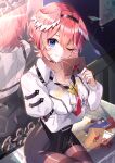  1girl ;) absurdres bird_girl breasts goroo_(eneosu) highres holding holding_letter hololive letter long_sleeves looking_at_viewer medium_breasts mirror one_eye_closed red_hair reflection shirt short_hair sitting smile solo takane_lui white_shirt 