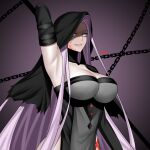  1girl armpits arms_up blood blood_on_face breasts chain collar elbow_gloves fate/grand_order fate/stay_night fate_(series) gloves grin highres large_breasts long_hair medusa_(fate) medusa_(lancer_alter)_(fate) purple_hair smile solo veil very_long_hair yellow_eyes zinfian 