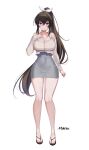  1girl :d absurdres alternate_costume arm_at_side artist_name bangs bare_legs bare_shoulders blush bra_strap breasts brown_hair cleavage collarbone counter:side covered_navel flip-flops full_body grey_skirt grin hair_between_eyes hair_ribbon hand_on_own_chest high-waist_skirt highres large_breasts long_hair long_sleeves looking_at_viewer maett off-shoulder_shirt off_shoulder parted_lips purple_eyes ribbon sandals shirt simple_background skirt smile solo standing very_long_hair white_background white_ribbon white_shirt yoo_mina 