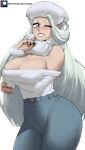  1girl absurdres bare_shoulders black_nails blue_eyes blue_pants blush breasts cleavage commentary_request cowboy_shot echo_saber fur_collar green_hair grin hand_up highres large_breasts long_hair long_sleeves looking_at_viewer melony_(pokemon) nail_polish off-shoulder_shirt off_shoulder one_eye_closed pants pokemon pokemon_(game) pokemon_swsh shirt simple_background smile solo standing thick_thighs thighs very_long_hair white_background white_headwear white_shirt 