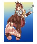  1girl atelier_(series) atelier_ryza atelier_ryza_3 bare_shoulders barefoot belt border bracelet braid breast_pocket breasts brown_belt brown_eyes brown_gloves brown_hair brown_thighhighs brown_vest choker clover_hair_ornament collared_shirt crown_braid dangle_earrings detached_sleeves earrings eiji_(eiji) feet foot_focus foreshortening gloves hair_ornament hat highres jacket jewelry nail_polish pocket red_shorts reisalin_stout shirt short_shorts short_sleeves shorts single_glove sleeveless sleeveless_jacket star_(symbol) star_choker thighhighs toenail_polish toenails toes vest white_border white_headwear x_hair_ornament yellow_jacket 