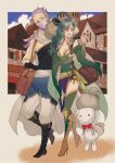  1boy 1girl aged_up breasts cape detached_sleeves earrings edward_geraldine final_fantasy final_fantasy_iv full_body green_eyes green_hair hair_ornament house jewelry long_hair masakikazuyoshi open_mouth rydia_(ff4) smile thighhighs 