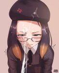  1girl anger_vein black_headwear black_ribbon closed_mouth collared_shirt cum cum_on_glasses cum_on_headwear cum_string facial glasses hat highres hololive hololive_english long_hair looking_at_viewer neck_ribbon ninomae_ina&#039;nis nyaxxy pinstripe_pattern pinstripe_shirt purple_eyes purple_hair ribbon shirt simple_background solo striped tentacle_hair upper_body virtual_youtuber 