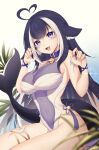  1girl :d ahoge animal_ears black_hair breasts covered_navel fingernails fish_tail highres indie_virtual_youtuber large_breasts long_hair multicolored_hair nail_polish open_mouth purple_eyes purple_nails shylily sitting smile solo tail thighs two-tone_hair virtual_youtuber white_hair yoclesh 