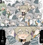  6+girls akikaze_cp blush brown_eyes clone crying earmuffs fang green_hair grey_hair happy hat hat_ribbon japanese_clothes kariginu light_brown_hair mononobe_no_futo multiple_girls pointy_hair reading ribbon ribbon-trimmed_sleeves ribbon_trim sad scroll side_ponytail soga_no_tojiko tate_eboshi touhou toyosatomimi_no_miko translation_request white_background 