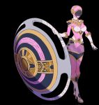  1girl armored_boots black_background bodysuit boots breasts catball1994 chouriki_sentai_ohranger gloves helmet high_heel_boots high_heels highres holding holding_shield huge_weapon momo_maruo ohpink pink_bodysuit shield solo super_sentai weapon white_gloves 