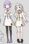  2girls a.i._voice adapted_costume aged_down ahoge ayakura_juu bangs black_footwear blue_eyes blunt_bangs boots braid brown_shirt brown_skirt child expressionless full_body grey_background grey_hair hair_ornament hairclip kizuna_akari kizuna_akari_(tsubomi) long_hair looking_at_viewer matching_outfit miniskirt multiple_girls neck_ribbon open_mouth orange_ribbon own_hands_together purple_eyes purple_footwear purple_hair purple_ribbon ribbon school_uniform shirt shoes short_hair side_braid sketch skirt smile sneakers socks standing star_(symbol) star_hair_ornament very_long_hair voiceroid white_socks yuzuki_yukari yuzuki_yukari_(shizuku) 