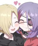  2girls ^_^ black_hoodie blonde_hair blush cheek-to-cheek closed_eyes collarbone earrings eyepatch fang hair_between_eyes hair_over_one_eye halulu hayasaka_mirei heads_together heart hood hoodie idolmaster idolmaster_cinderella_girls jewelry leather_choker multicolored_hair multiple_girls one_eye_covered portrait purple_hair red_hair shirasaka_koume simple_background streaked_hair stud_earrings white_background 