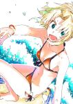  1girl bikini blonde_hair blue_eyes fate/apocrypha fate/grand_order fate_(series) looking_at_viewer mordred_(fate) mordred_(fate/apocrypha) open_mouth ponytail red_bikini solo surfing swimsuit tsuru_(clainman) type-moon white_background 