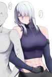  ... 1boy 1girl ^_^ abs absurdres ak-15_(girls&#039;_frontline) bare_shoulders breasts closed_eyes closed_mouth girls&#039;_frontline gloves grey_hair hair_over_one_eye head_tilt hetero highres large_breasts locked_arms long_hair midriff muscular muscular_female navel one_eye_covered purple_eyes saiun_sigma simple_background spoken_ellipsis sweat sweating_profusely white_background 