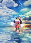  animal_ears black_fur blue_headwear cloud cloudy_sky collar furry furry_male gigi-starling gloves highres kaze_no_klonoa klonoa ocean open_mouth pac-man pants rabbit_ears red_footwear red_pants shoes sky slit_pupils sunset yellow_gloves 