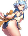  1girl absurdres ayaoshiro bangs blue_dress blue_hair breasts brown_eyes character_request chestnut_mouth china_dress chinese_clothes copyright_request dress earrings hair_between_eyes highres jewelry looking_back sideboob solo thong underwear white_background 