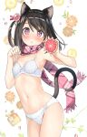  1girl :o animal_ears armpits bare_shoulders blush bow bow_bra bra cat_ears cat_girl cat_tail food fruit fruit_background fruit_hair_ornament grapefruit hair_ornament hair_scrunchie highres holding holding_food holding_fruit kantoku kemonomimi_mode legs_together looking_at_viewer navel original panties paw_pose plaid plaid_scarf scarf scrunchie shizuku_(kantoku) short_hair side_ponytail sidelocks simple_background solo stomach tail thighs underwear white_background white_bra white_panties 