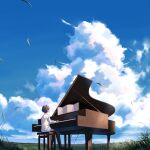  1boy blue_sky blue_theme cloud grass highres instrument male_child music original outdoors piano playing_instrument playing_piano scenery sky taizo4282 