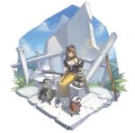  1girl absurdres animal animal_ears arknights bangs black_gloves brown_hair closed_mouth commentary_request expressionless full_body gloves highres long_hair long_skirt raccoon raccoon_ears raccoon_girl robin_(arknights) shoes sitting skirt sneakers solo white_footwear yellow_eyes yellow_skirt yidie 