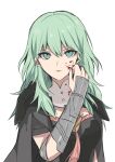  1girl absurdres alternate_hair_color arm_guards armor armored_dress bangs banned_artist between_breasts blood blood_on_clothes blood_on_face blood_stain bodice breasts bustier byleth_(fire_emblem) byleth_(fire_emblem)_(female) cape capelet closed_mouth commentary_request corset enlightened_byleth_(female) eyelashes fire_emblem fire_emblem:_three_houses green_eyes green_hair grey_cape hair_between_eyes hand_up highres looking_at_viewer medium_breasts medium_hair red_tassel shimizu_akina short_sleeves shoulder_armor simple_background solo tassel turtleneck underbust upper_body vambraces white_background 