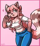  &lt;3 &lt;3_eyes 2022 5_fingers anthro blue_bottomwear blue_clothing blue_jeans blue_pants border bottomwear breasts cleavage clothed clothing crop_top crop_top_sweater denim denim_clothing felino female fingers front_view fur gloves_(marking) hair hand_on_face hand_on_hip hi_res humanoid_hands jeans leaning leaning_forward looking_at_viewer mammal markings midriff one_eye_closed open_mouth pants pink_background pink_body pink_border pink_fur pink_hair procyonid purple_body purple_fur raccoon safia_(allegedbutton60) shirt simple_background smile solo striped_markings striped_tail stripes sweater tail_markings tan_body tan_fur tan_inner_ear topwear white_clothing white_sweater white_topwear wink 