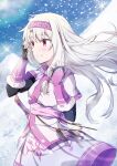  1girl ainu_clothes azami_masurao fate/grand_order fate_(series) fingerless_gloves gloves headband long_hair red_eyes sash sitonai_(fate) smile snow snowing sword weapon white_hair 