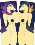  absurd_res anthro anthrofied areola artist_name big_breasts breast_squish breasts curvy_figure cute_fangs dark_areola dark_nipples duo ears_back female female/female fire generation_2_pokemon genitals hi_res hisuian_form hisuian_typhlosion huge_breasts multicolored_body navel nintendo nipples pivoted_ears pokemon pokemon_(species) pussy red_eyes regional_form_(pokemon) signature simple_background squish thick_thighs typhlosion unregistereduser video_games voluptuous wide_hips 