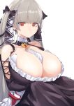 1girl azur_lane bare_shoulders between_breasts black_dress breasts cleavage clothing_cutout detached_collar dress earrings formidable_(azur_lane) frilled_dress frills grey_hair highres huge_breasts jewelry long_hair looking_at_viewer necktie necktie_between_breasts red_eyes shoulder_cutout simple_background solo take_yaki twintails two-tone_dress two-tone_ribbon very_long_hair white_background 