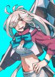  1girl adapted_costume ahoge aqua_background asashimo_(kancolle) checkered_flag cowboy_shot cropped_jacket flag grey_eyes hair_over_one_eye hand_on_hip highres jacket kantai_collection long_hair looking_at_viewer midriff ponytail purple_jacket race_queen sadakuma sharp_teeth skirt solo teeth white_bandeau white_hair white_skirt 