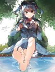  1girl backpack bag barefoot blue_eyes blue_hair commission feet foot_focus gominami green_headwear hair_bobbles hair_ornament hat holding_strap kawashiro_nitori key light_smile looking_at_viewer partially_underwater_shot plant skeb_commission skirt soles solo splashing toes touhou two_side_up water water_drop 