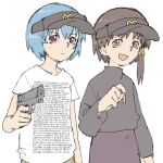  2girls ayanami_rei blue_hair blush brown_hair cigarette closed_mouth crossover gun iwakura_lain mcdonald&#039;s multiple_girls neon_genesis_evangelion open_mouth pantsu-ripper red_eyes serial_experiments_lain simple_background weapon white_background 