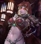  armor bikini_armor bow breasts colored_skin elf esther_shen fantasy gauntlets glowing glowing_eyes hood long_eyebrows long_hair long_pointy_ears pointy_ears purple_skin red_eyes sylvanas_windrunner undead warcraft world_of_warcraft 