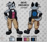  anthro butch_(disambiguation) canid canine canis clothed clothing collar english_text female gray hi_res mammal model_sheet solo text wolf 