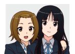  2girls :d akiyama_mio arm_around_shoulder artist_name bangs black_eyes black_hair blazer blue_jacket blue_ribbon blunt_bangs brown_eyes brown_hair closed_mouth collared_shirt commentary_request forehead hairband hime_cut jacket k-on! long_hair long_sleeves looking_at_viewer morynocle multiple_girls neck_ribbon open_mouth ribbon sakuragaoka_high_school_uniform school_uniform shirt short_hair sidelocks smile tainaka_ritsu twitter_username upper_body watermark white_shirt yellow_hairband 