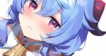  1girl ayamy bangs bell blue_hair blush close-up cropped embarrassed ganyu_(genshin_impact) genshin_impact heart heart-shaped_pupils horns long_hair looking_at_viewer neck_bell nose_blush paid_reward_available purple_eyes solo sweat symbol-shaped_pupils wavy_mouth white_background 