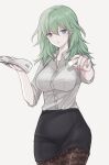  1girl alternate_costume alternate_hair_color bangs banned_artist black_skirt book breasts byleth_(fire_emblem) byleth_(fire_emblem)_(female) chalk collarbone collared_shirt commentary cowboy_shot dress_shirt enlightened_byleth_(female) eyelashes fingernails fire_emblem fire_emblem:_three_houses green_eyes green_hair holding holding_book impossible_clothes impossible_shirt large_breasts long_sleeves looking_at_viewer medium_hair miniskirt nail_polish open_collar pantyhose parted_lips patterned_legwear pencil_skirt pink_nails shimizu_akina shiny shiny_hair shirt shirt_tucked_in simple_background skirt sleeves_rolled_up solo standing teacher white_background white_shirt wing_collar 