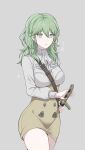  1girl absurdres bangs banned_artist between_breasts breasts buttons byleth_(fire_emblem) byleth_(fire_emblem)_(female) closed_mouth commentary_request cowboy_shot dress_shirt enlightened_byleth_(female) eyelashes fire_emblem fire_emblem:_three_houses garreg_mach_monastery_uniform green_eyes grey_background grey_hair hair_between_eyes high-waist_skirt highres holding holding_sheath holding_sword holding_weapon large_breasts long_sleeves medium_hair neckerchief pencil_skirt sheath sheathed shimizu_akina shirt simple_background skirt solo standing star_(symbol) strap_between_breasts sword uniform weapon white_neckerchief white_shirt yellow_skirt 