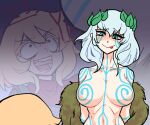  2girls :p absurdres blonde_hair bodypaint breasts centurii-chan centurii-chan_(artist) coat collarbone colored_eyelashes commentary english_commentary english_text fur-trimmed_coat fur_trim green_eyes highres leaf leaf_on_head medium_breasts multiple_girls navel nude open_mouth original short_hair simple_background smile teeth tongue tongue_out white_hair 