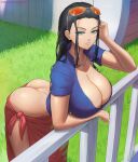  1girl aqua_eyes ass black_hair blue_shirt breasts cleavage eyewea grass highres huge_breasts light_smile long_hair looking_at_viewer nico_robin one_piece patreon_username shirt short_sleeves smile solo sunglasses superbusty thighs 