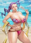  1girl absurdres beach belly_chain bikini breasts cirenk floral_print hagoromo hair_slicked_back hand_on_hip highres huge_breasts jewelry looking_at_viewer parted_lips purple_hair rose_(street_fighter) shawl single_hair_intake solo standing strapless strapless_bikini street_fighter street_fighter_zero_(series) swimsuit tarot toned water 