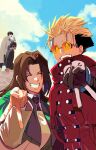  2boys 2girls absurdres blonde_hair brown_hair cape closed_eyes cloud cloudy_sky coat glasses highres meryl_stryfe milly_thompson multiple_boys multiple_girls nicholas_d._wolfwood red_coat ro3or sky smile sunglasses teeth trigun vash_the_stampede white_cape white_footwear 