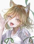  1girl :d animal_ears brown_eyes clothing_cutout fox_ears fox_girl hair_between_eyes hegata_(hegatia_lapis) highres kudamaki_tsukasa light_brown_hair looking_at_viewer open_mouth short_hair smile solo teeth touhou upper_body upper_teeth white_background 