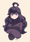  1girl @_@ ahoge bangs blush breasts commentary hair_between_eyes hairband hex_maniac_(pokemon) highres long_hair long_sleeves medium_breasts messy_hair mr_plagu3 pokemon pokemon_(game) pokemon_xy purple_eyes purple_hair purple_hairband simple_background sleeves_past_wrists solo sweater tearing_up turtleneck turtleneck_sweater twitter_username wavy_mouth 