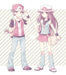  1boy 1girl backpack bag brown_eyes brown_hair commentary_request hand_on_headwear hat holding holding_poke_ball leaf_(pokemon) long_hair loose_socks messenger_bag pants poke_ball poke_ball_(basic) pokemon pokemon_(game) pokemon_frlg red_(pokemon) red_headwear scbstella shirt shoes short_hair short_sleeves shoulder_bag skirt sleeveless sleeveless_jacket sleeveless_shirt socks standing star_(symbol) t-shirt vs_seeker white_headwear wristband yellow_bag 