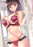  1girl absurdres bangs black_hair blunt_bangs blush bra breasts brown_eyes cleavage collarbone commentary_request cowboy_shot curtains dutch_angle highres large_breasts lingerie looking_at_viewer mirror navel ogata_tei original panties parted_lips purple_bra purple_panties reflection skindentation standing stomach underboob underwear underwear_only 