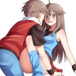  1boy 1girl ahoge bangs blue_pants blue_shirt breasts brown_eyes brown_hair commentary_request leaf_(pokemon) long_hair looking_at_another open_mouth pants pleated_skirt pokemon pokemon_(game) pokemon_frlg red_(pokemon) red_skirt scbstella shiny shiny_skin shirt short_hair short_sleeves skirt sleeveless sleeveless_jacket sleeveless_shirt sweatdrop t-shirt white_background wristband 