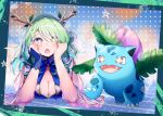  +_+ 1girl antlers breasts ceres_fauna cleavage cleavage_cutout clothing_cutout commentary crossover english_commentary fangs green_eyes highres hololive hololive_english ivysaur large_breasts looking_at_viewer open_mouth pokemon pokemon_(creature) taiyo_sketches virtual_youtuber yellow_eyes 