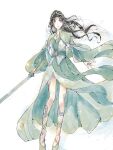  1girl at_lingchen_zhiqian black_hair cleavage_cutout closed_mouth clothing_cutout collared_dress doupo_cangqiong dress full_body green_dress hair_bun highres holding holding_sword holding_weapon long_hair long_sleeves looking_at_viewer shoes smile solo sword weapon white_background yun_yun_(doupo_cangqiong) 