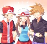  1girl 2boys :d blue_oak blue_shirt blush brown_hair closed_eyes collared_shirt commentary_request eyelashes hand_up happy hat jewelry leaf_(pokemon) multiple_boys necklace notice_lines open_mouth pants parted_lips pokemon pokemon_(game) pokemon_frlg purple_pants red_(pokemon) red_headwear red_skirt scbstella shirt short_hair short_sleeves skirt sleeveless sleeveless_jacket sleeveless_shirt smile spiked_hair t-shirt teeth tongue upper_teeth white_headwear wristband 